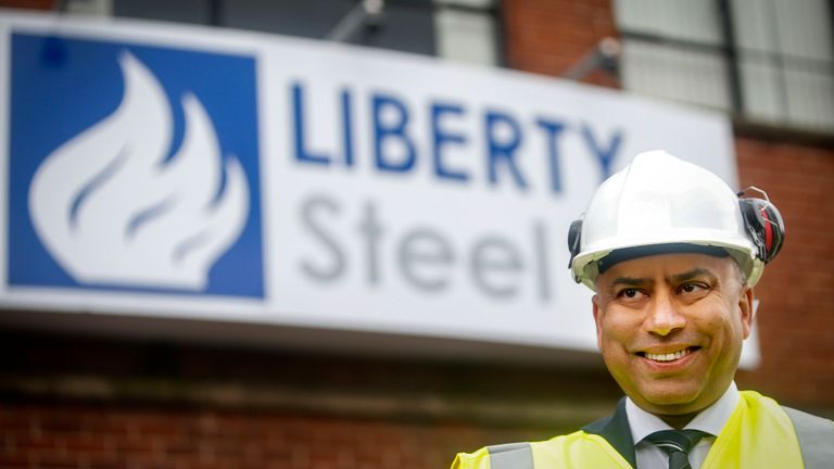 Sanjeev Gupta in front of a the Liberty Steel Group sign. File pic: PA