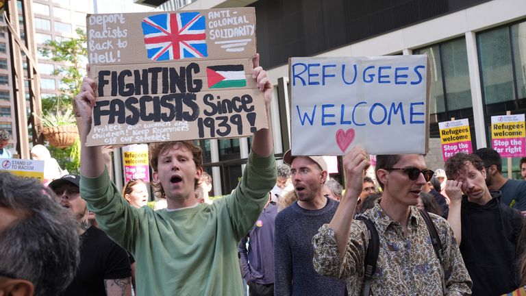 Counter-protesters also assembled outside the Britannia International Hotel. Pic: PA