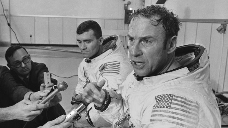 Lovell speaks during a news conference in Cape Kennedy, Florida, before the ill-fated Apollo 13 mission. Pic: AP