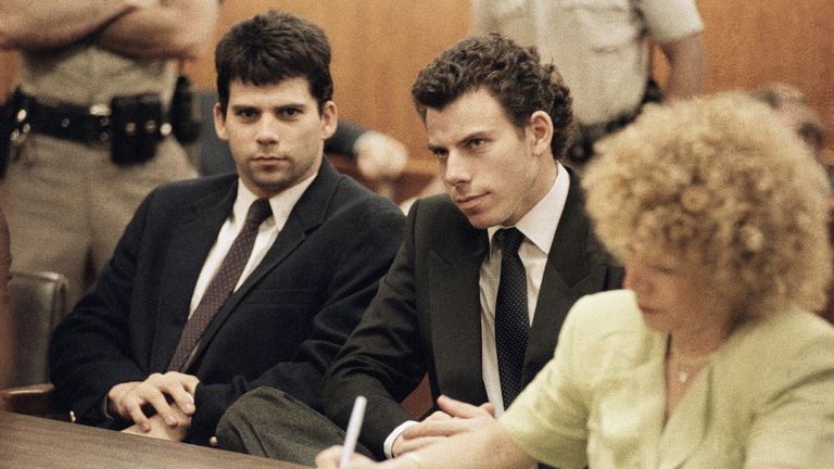 Lyle (left) and Erik Menendez in a courtroom in 1990.
Pic: AP