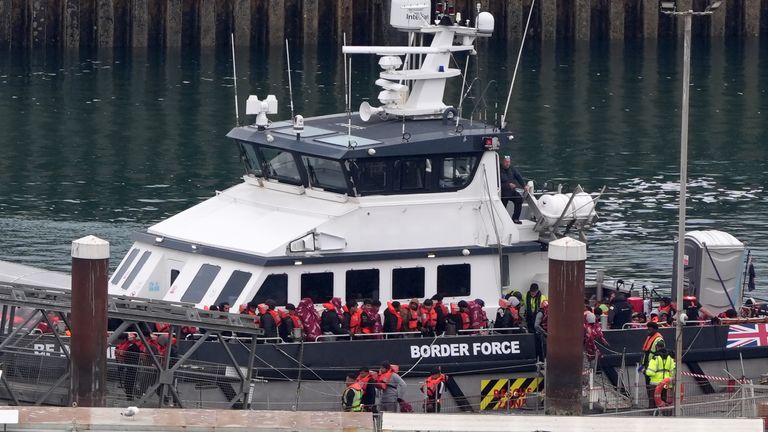 People brought in to Dover, Kent, on board a Border Force vessel following a small boat incident. Pic: PA