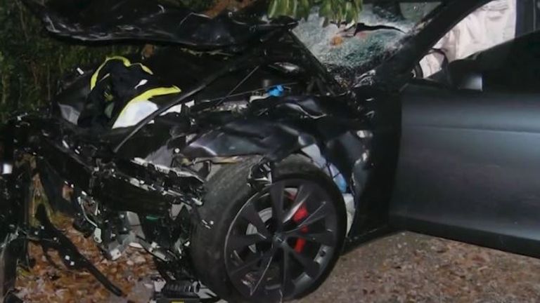 The Tesla Model S pictured after the crash. Pic: NBC/Florida Highway Patrol