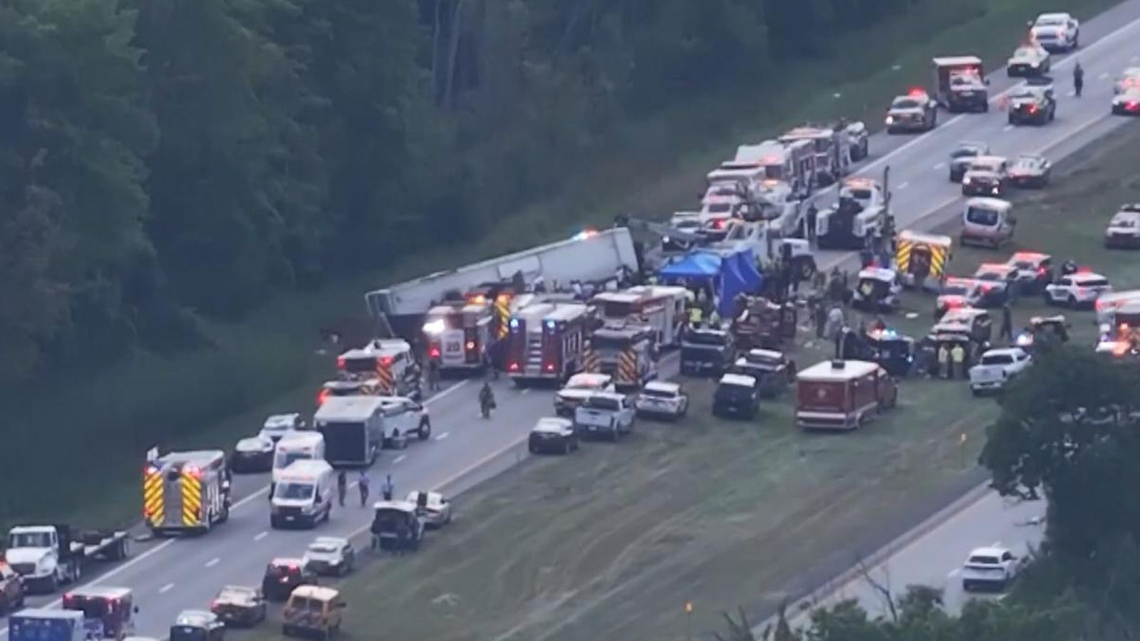 Aerial view of the aftermath of the bus crash in Pembroke, New York State. Pic: ENEX