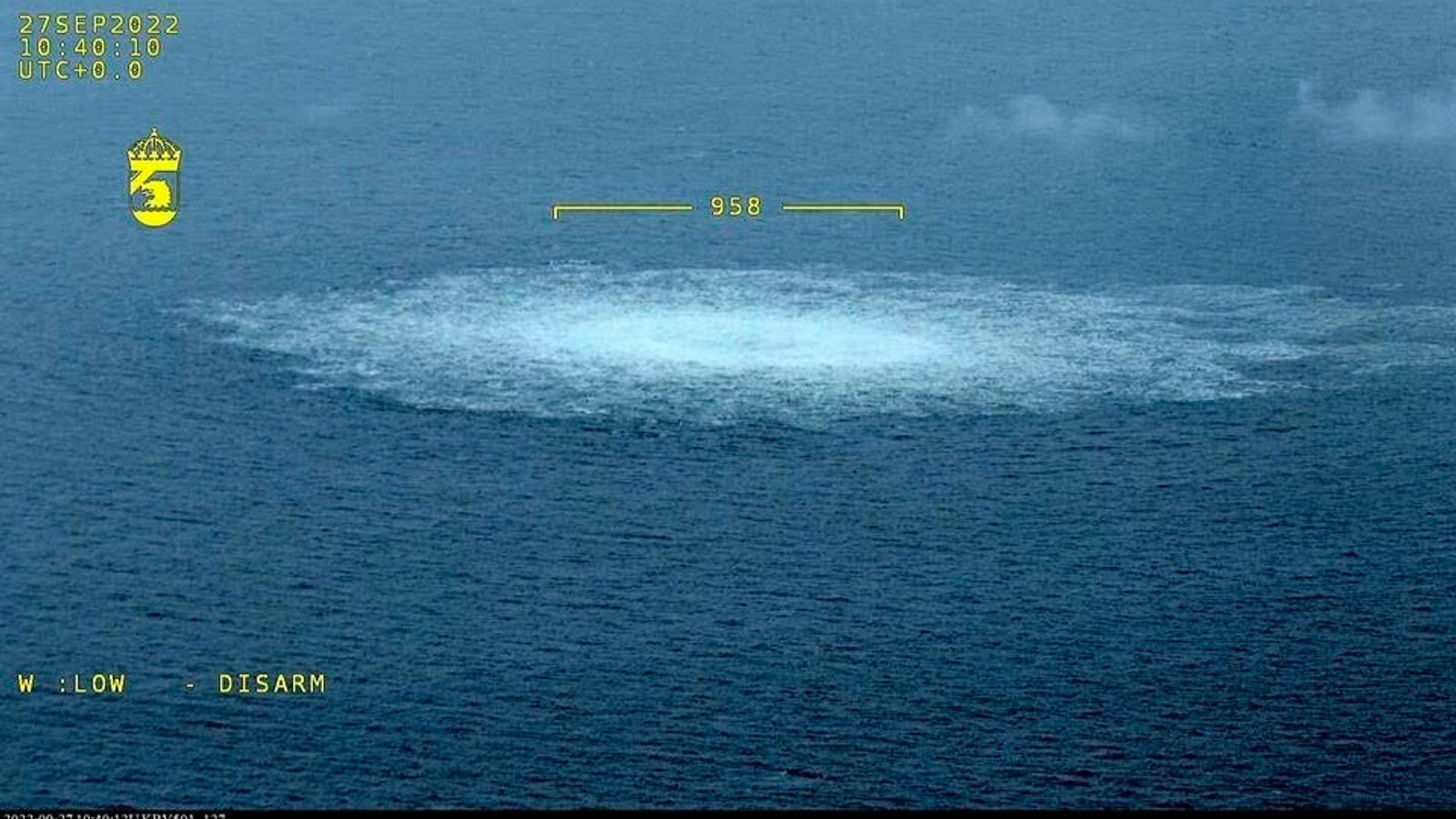 The gas leak in the Baltic Sea from Nord Stream is seen from a Swedish Coast Guard aircraft. Pic: Swedish Coast Guard via AP