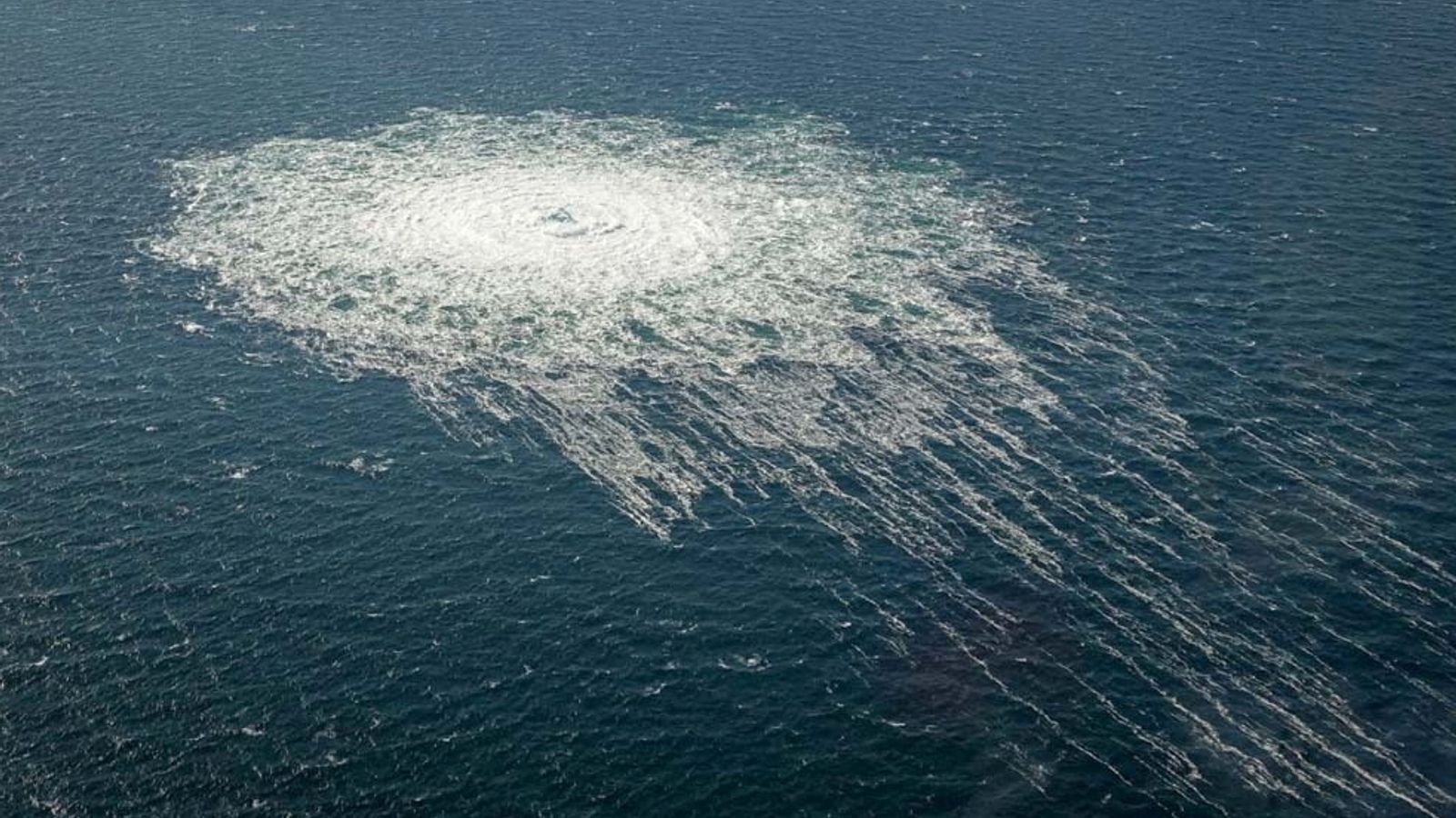 Gas bubbles from the Nord Stream 2 pipeline on 27 September 2023. Pic: Danish Defence Command/Reuters