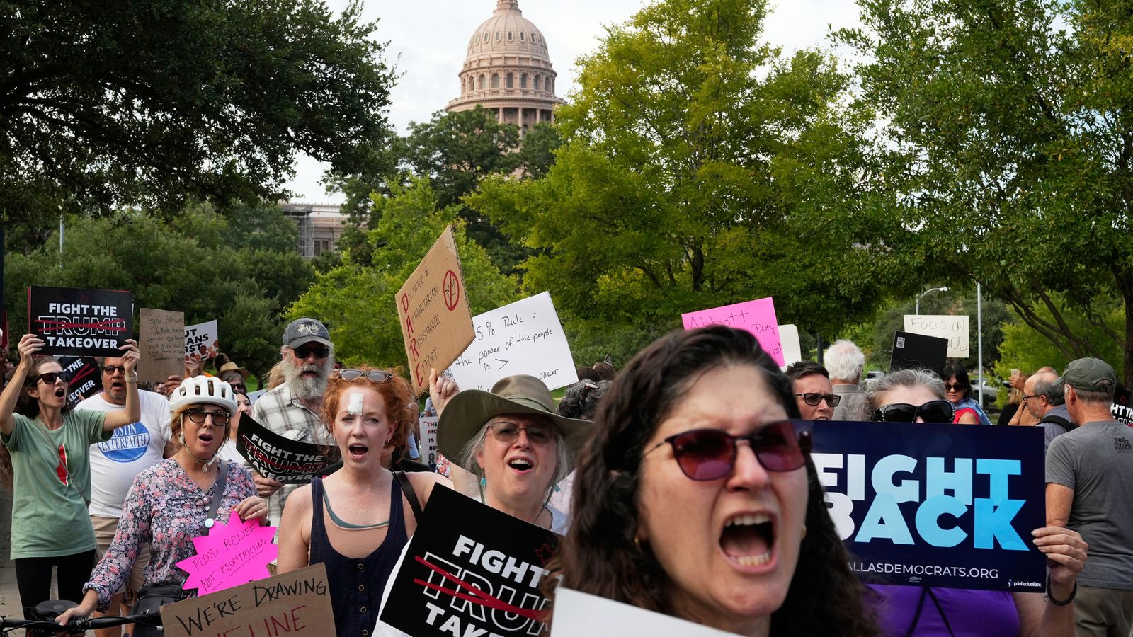People protest the Republican plan for Congressional redistricting at the Governor's Mansion, Austin, Texas. Pic: AP
