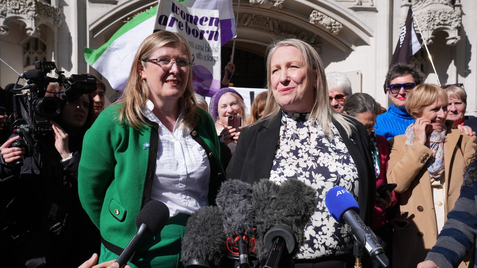 Susan Smith and Marion Calder, co-directors of For Women Scotland, outside the Supreme Court in London in April. Pic: PA