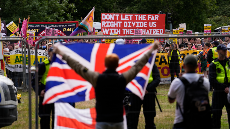Protesters and counter-demonstrators outside The Bell Hotel in July. Pic: PA