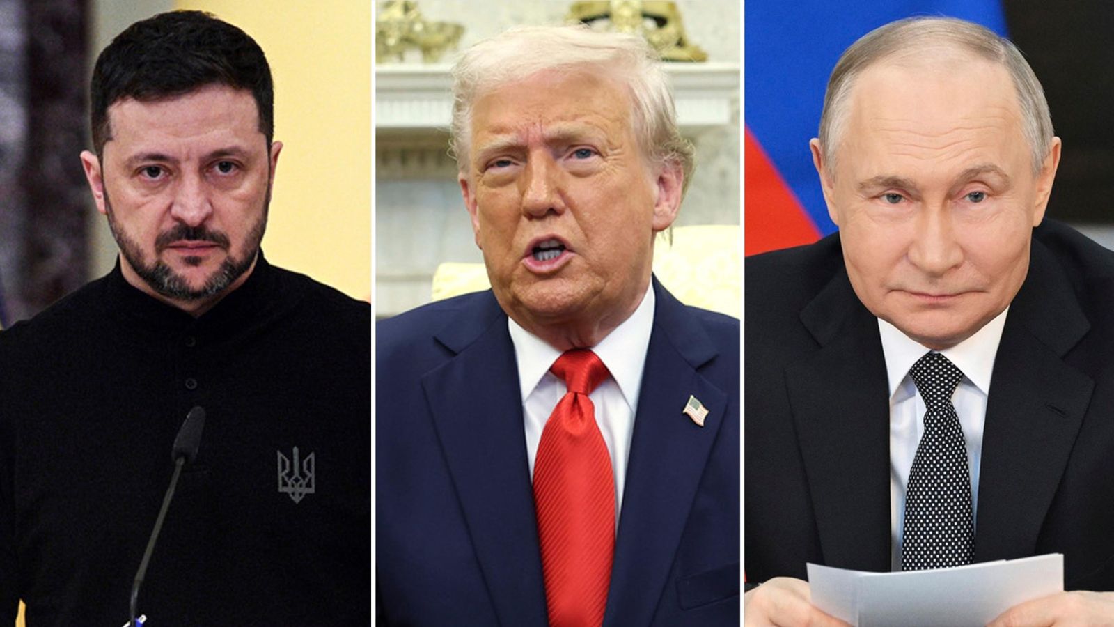 From left: Volodymr Zelenskyy, Donald Trump and Vladimir Putin. Pics: AP