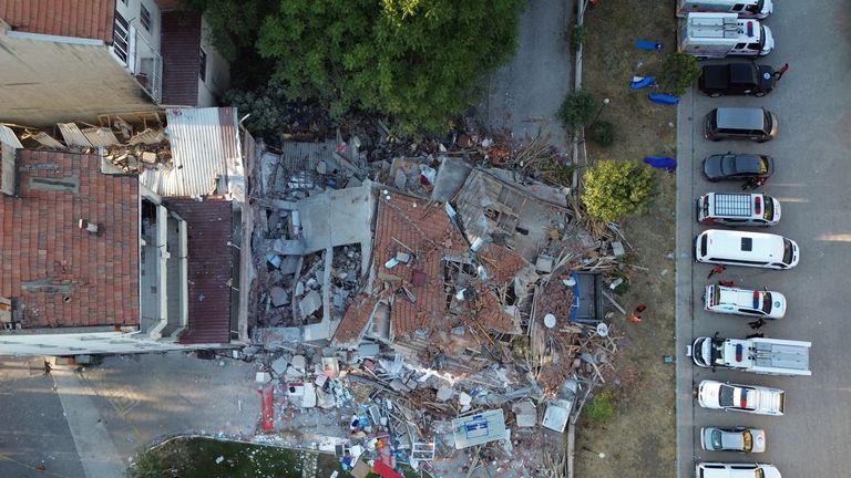 Drone footage shows the rubble of a building in the town of Sindirgi. Pic: Reuters