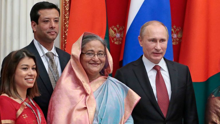 Siddiq, left, Hasina and Vladimir Putin in 2013. Pic: AP