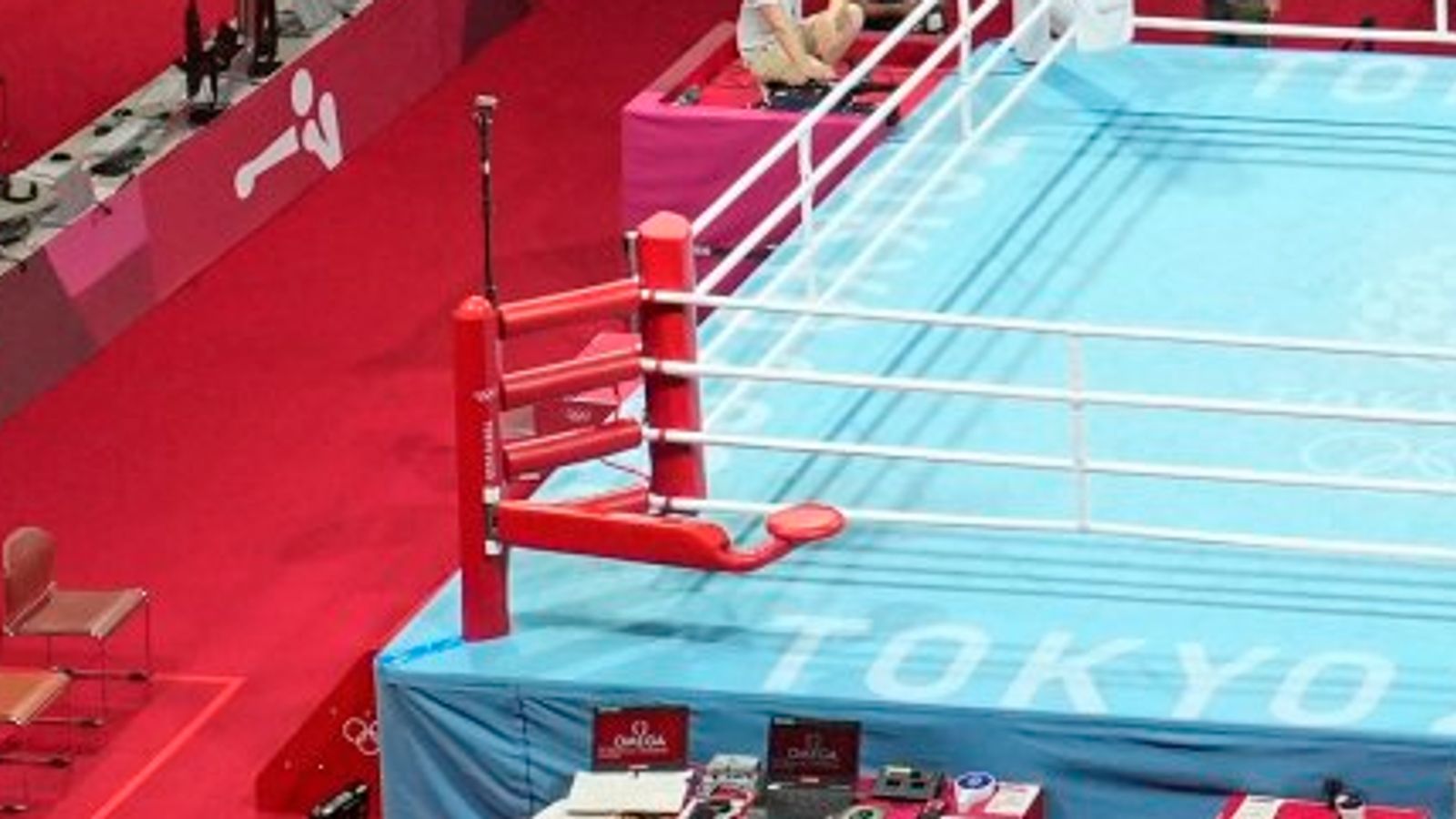 Eliad Mourad, of France refuses to leave the ring after losing a men...s super heavyweight over 91-kg boxing match against Britain's Frazer Clarke at the 2020 Summer Olympics, Sunday, Aug. 1, 2021, in Tokyo, Japan. (AP Photo/Frank Franklin II)