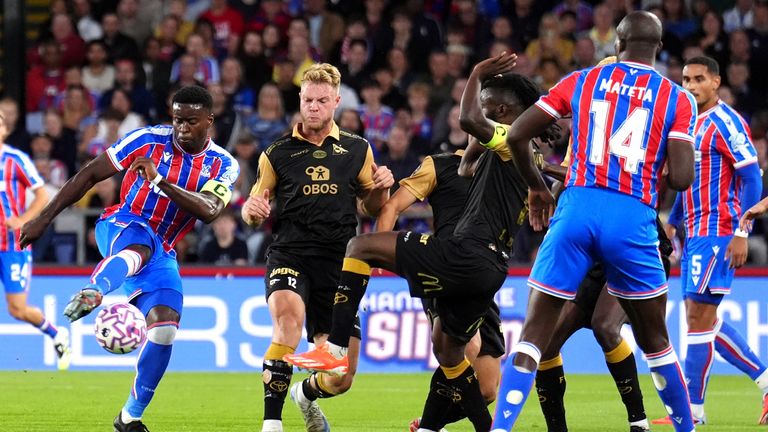 Crystal Palace's Marc Guehi attempts a shot on goal during the UEFA Conference League play-off match at Selhurst Park