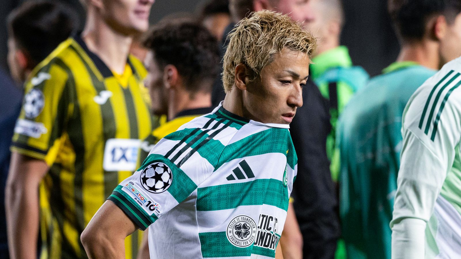 ALMATY, KAZAKHSTAN - AUGUST 26: Celtic's Daizen Maeda looks dejected at full time during a UEFA Champions League Play-Off Secong Leg match between Kairat Almaty and Celtic at the Almaty Ortalyk Stadion, on August 26, 2025, in Almaty, Kazakhstan.  (Photo by Craig Williamson / SNS Group)