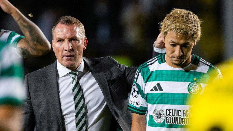 ALMATY, KAZAKHSTAN - AUGUST 26: Celtic's Daizen Maeda (R) and Manager Brendan Rodgers look dejected at full time during a UEFA Champions League Play-Off Secong Leg match between Kairat Almaty and Celtic at the Almaty Ortalyk Stadion, on August 26, 2025, in Almaty, Kazakhstan.  (Photo by Craig Williamson / SNS Group)