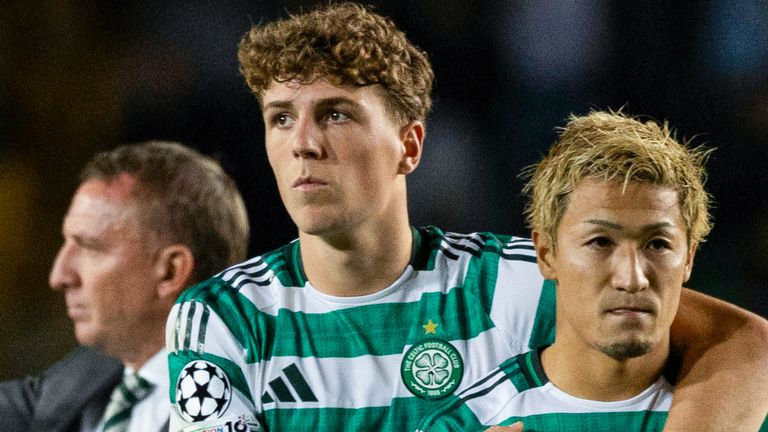 ALMATY, KAZAKHSTAN - AUGUST 26: Celtic's Arne Engels (L) and Daizen Maeda look dejected at full time during a UEFA Champions League Play-Off Secong Leg match between Kairat Almaty and Celtic at the Almaty Ortalyk Stadion, on August 26, 2025, in Almaty, Kazakhstan.  (Photo by Craig Williamson / SNS Group)