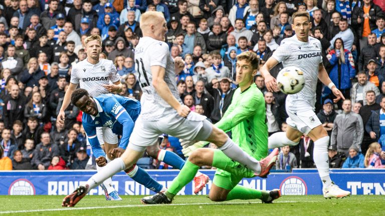 GLASGOW, SCOTLAND - AUGUST 05: Rangers' Djeidi Gassama scores to make it 1-0 during a UEFA Champions League Third Round Qualifier First Leg match between Rangers and Viktoria Plzen at Ibrox Stadium, on August 05, 2025, in Glasgow, Scotland. (Photo by Alan Harvey / SNS Group)