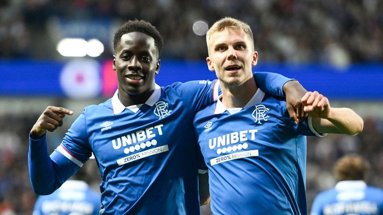 Rangers' Djeidi Gassama celebrates with Oliver Antman as he scores to make it 3-0 