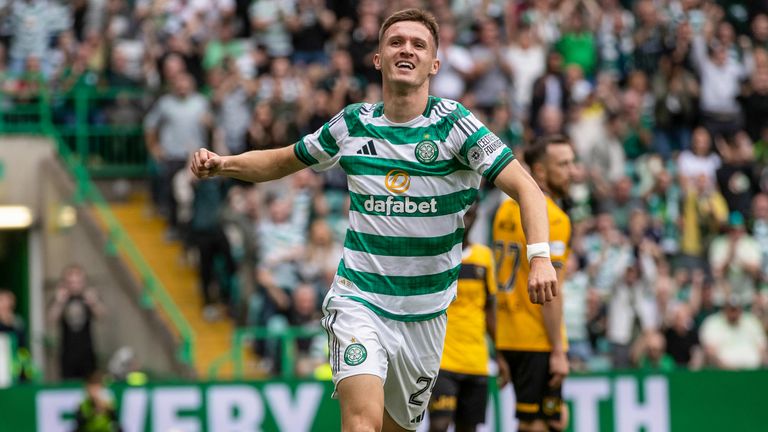Johnny Kenny celebrates scoring his first goal at Celtic Park