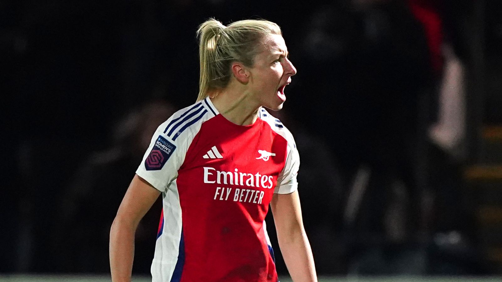 Leah Williamson celebrates her goal in front of the home fans