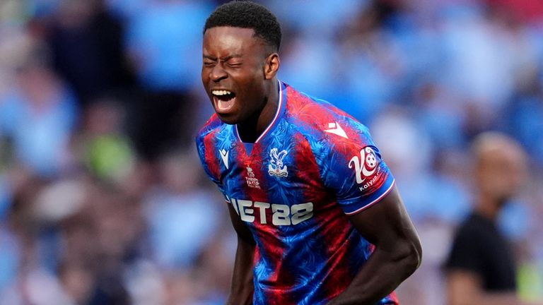 Crystal Palace defender Marc Guehi celebrates his side winning the 2025 FA Cup final against Manchester City at Wembley