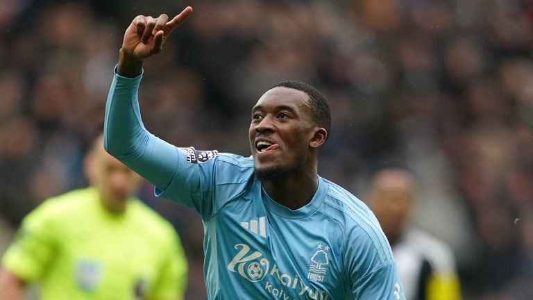 Callum Hudson-Odoi celebrates putting Nottingham Forest ahead early on against Newcastle