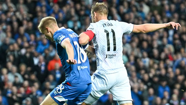 Rangers' Oliver Antman is fouled by Plzen's Matej Vydra which results in a penalty 