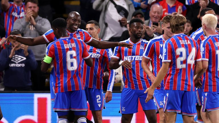 Jean-Philippe Mateta celebrates Crystal Palace's opener with Marc Guehi