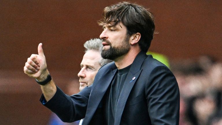 Rangers head coach Russell Martin gives his team the thumbs up during the Champions League match against Viktoria Plzen
