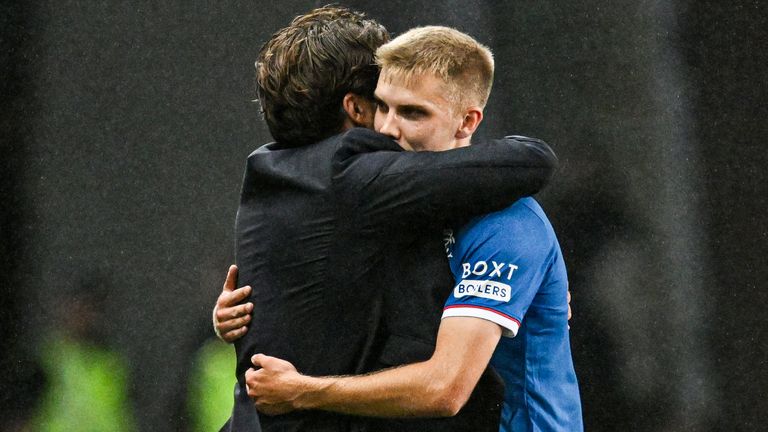 Rangers head coach Russell Martin hugs Oliver Antman as he is substituted off against Viktoria Plzen