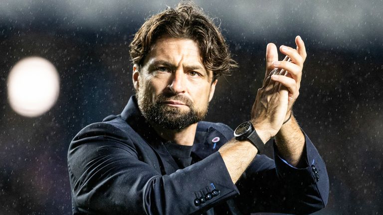 Rangers head coach Russell Martin applauds the fans after the win over Viktoria Plzen