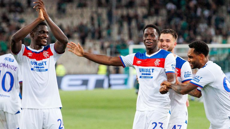 Rangers' Djeidi Gassama (centre) with Danilo and Nicolas Raskin at full time 