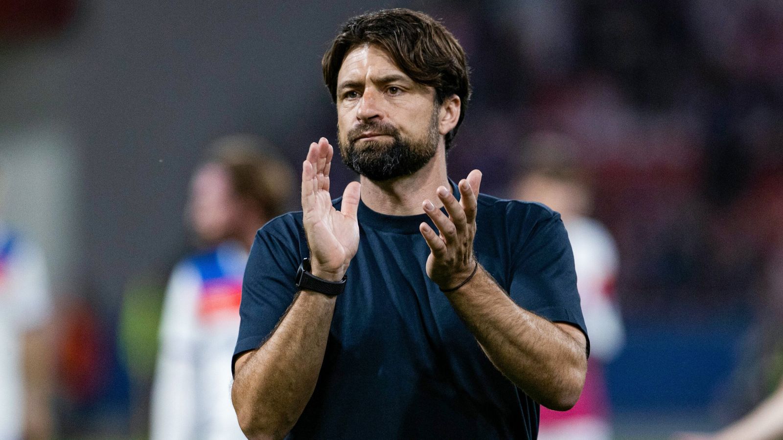 PLZEN, CZECH REPUBLIC - AUGUST 12: Rangers Head Coach Russell Martin applauds fans at full time during a UEFA Champions League Third Round Qualifier, Second Leg, between Viktoria Plzen and Rangers at the Doosan Arena, on August 12, 2025, in Plzen, Czech Republic. (Photo by Alan Harvey / SNS Group)