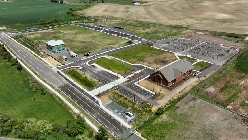 An aerial shot of the new Christ Church hall and soon-to-be constructed Logos School, a classical K-12 Christian school, in the outskirts of Moscow, Idaho
