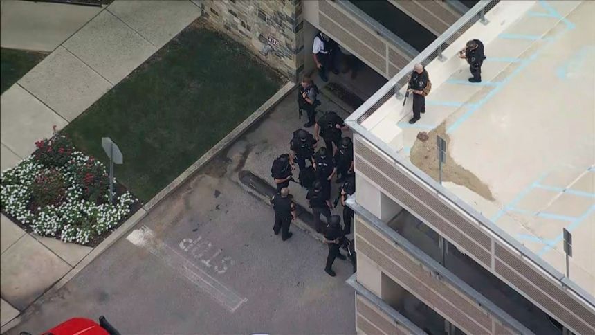 Aerial view of Villanova University as police sweep through the campus.