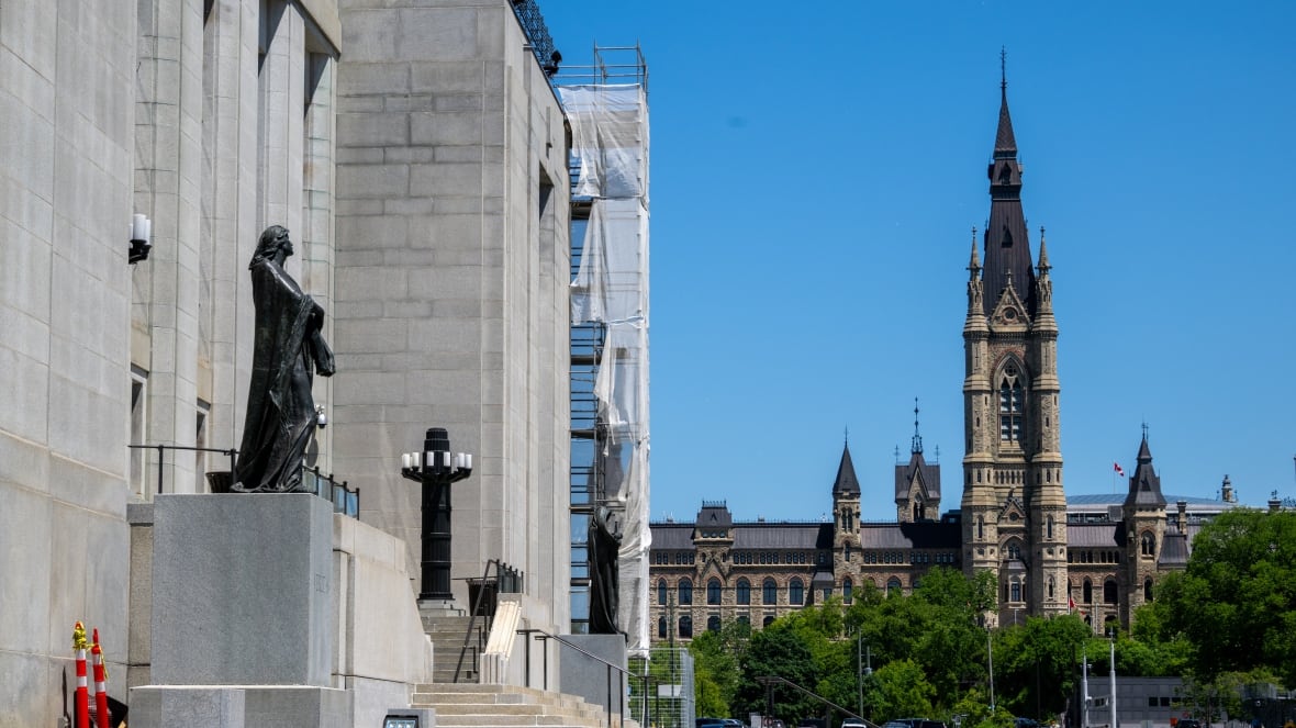 The exterior of a large grey building with a green roof. It's the supreme court of Canada. A metal statue of a woman is prominent next to the steps. Canada's parliament can be seen in the distance.