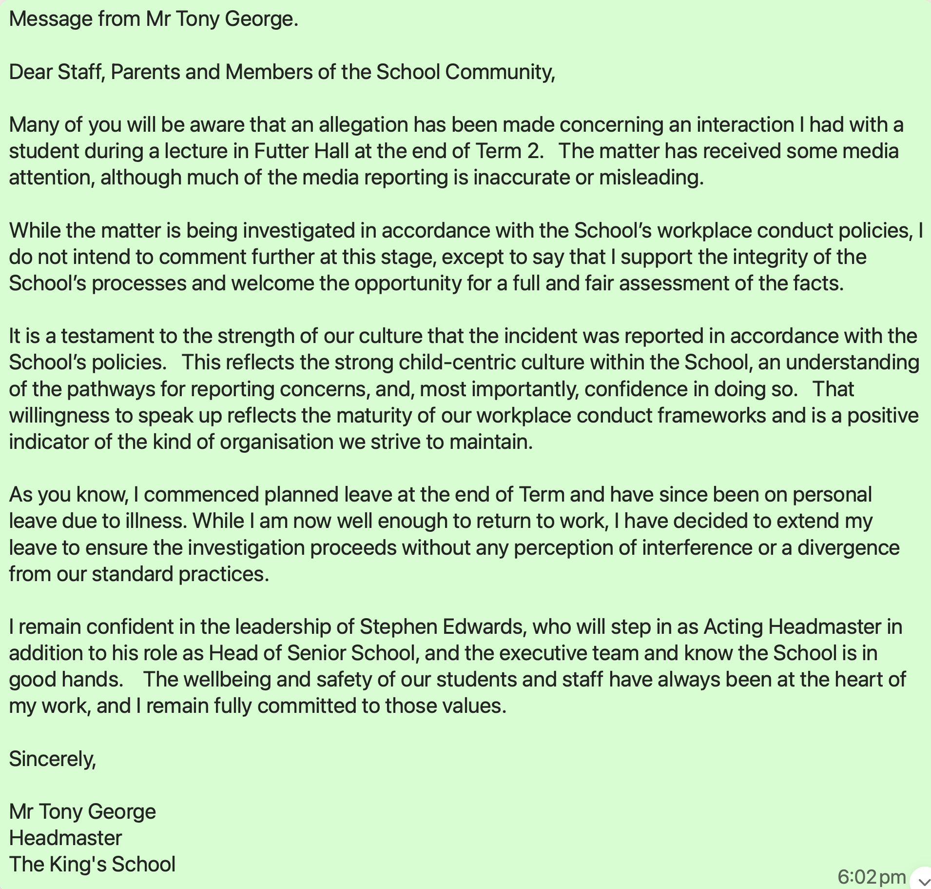 The King's School headmaster Tony George responds to media "inaccuracies'. 