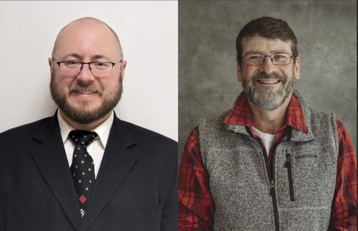 two smiling men with glasses in a composite image, one wearing a dark suit and tie, the other wearing a red plaid shirt and grey vest