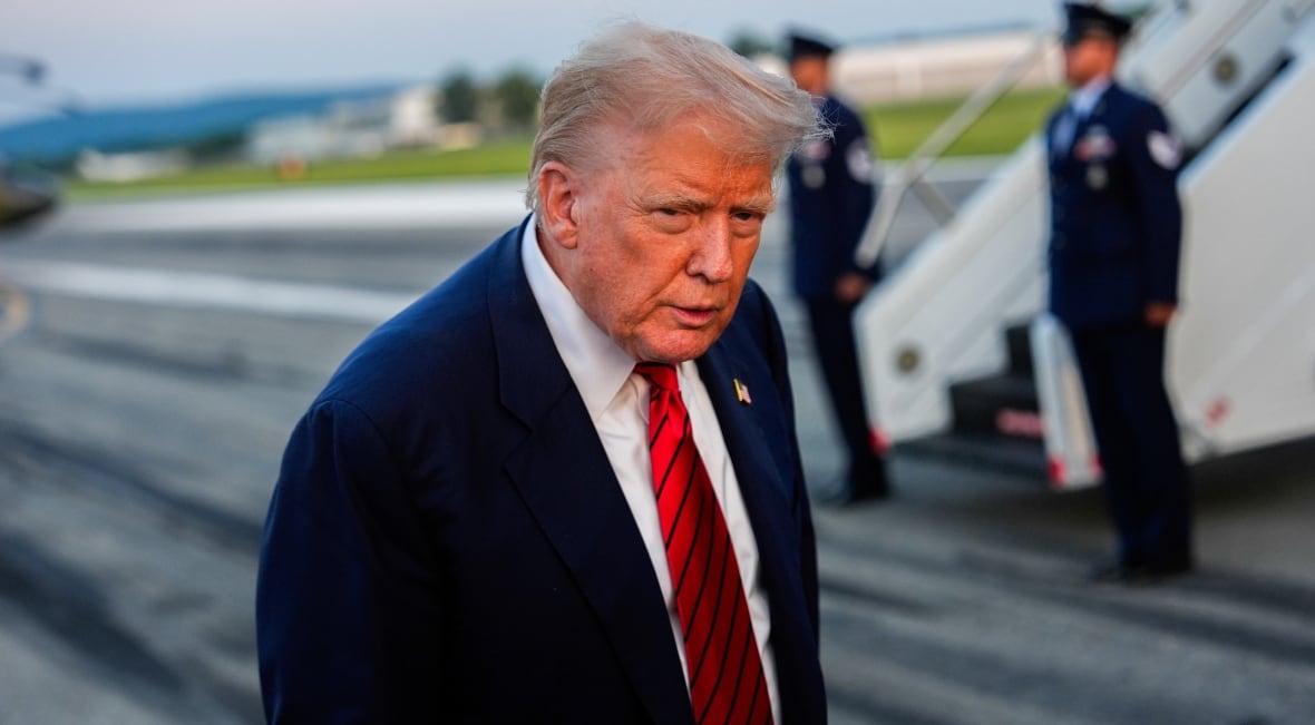 A man in a suit is shown from the torso up. The ramp to a plane is shown in the distance behind him. 
