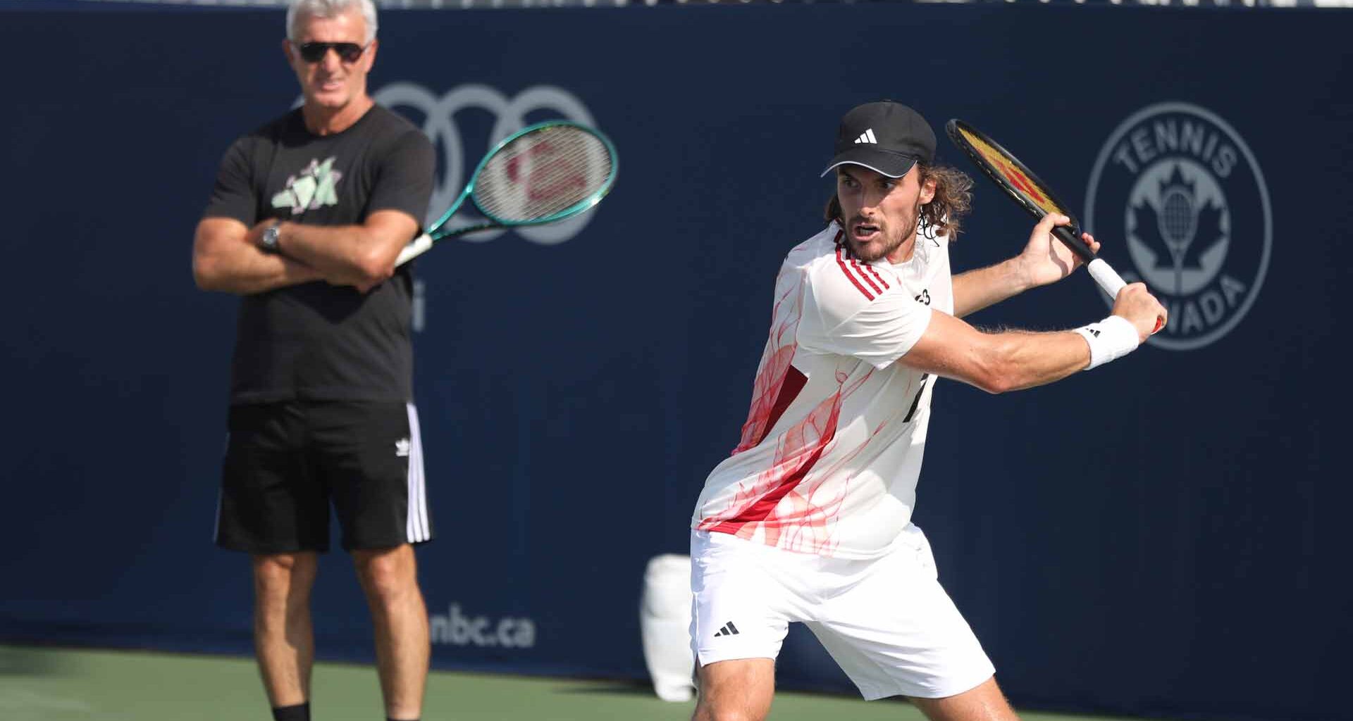 Apostolos Tsitsipas watches his son, Stefanos Tsitsipas, during a practice session in Toronto, their first tournament back together.