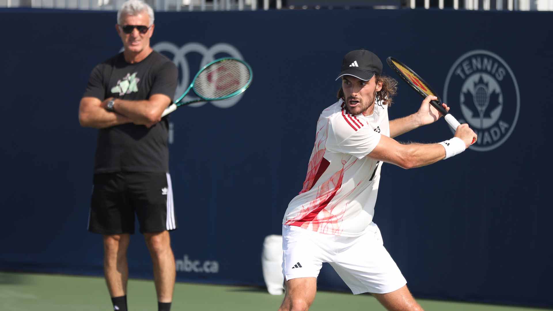 Apostolos Tsitsipas watches his son, Stefanos Tsitsipas, during a practice session in Toronto, their first tournament back together.