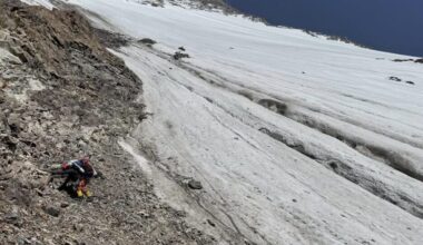a climber on a very steep slope on K2