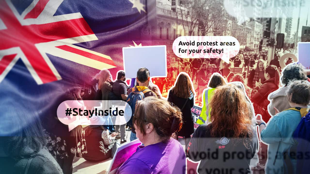 A composite of people at a protest and an Australian flag
