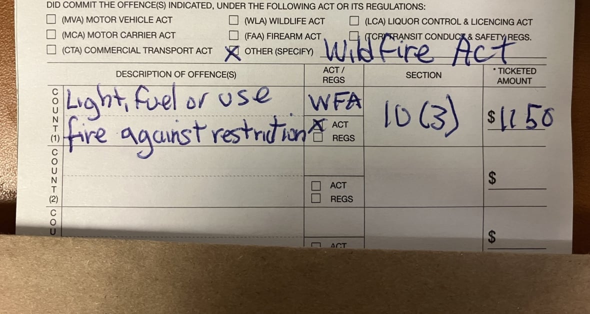 A ticket shows someone being fined $1,150 for lighting a fire against restrictions.