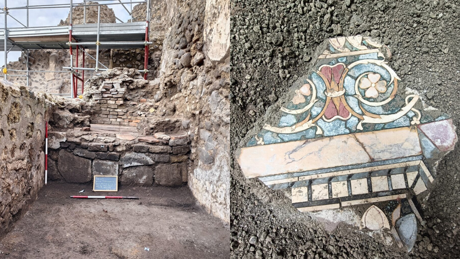 Two pictures taken during recent excavations in Pompeii. We see the ruins of a building on the left and a mosaic on the right.