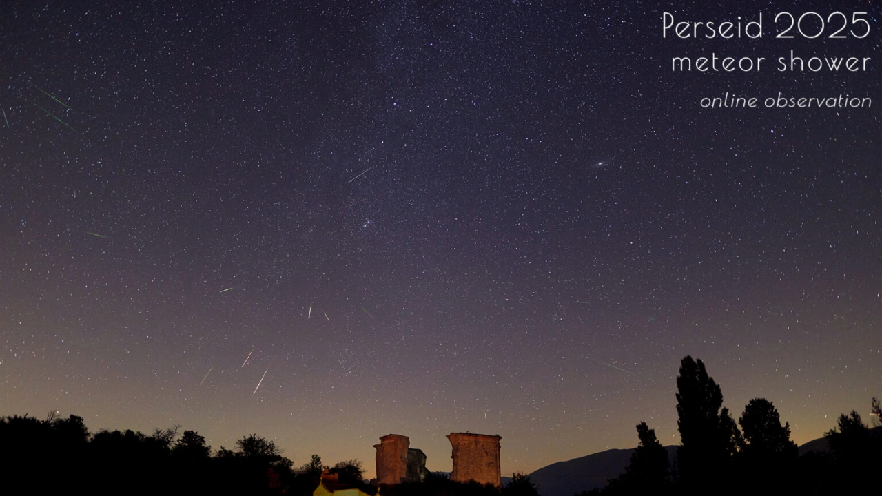 Streaks of light shoot across a light purple night sky above trees and buildings as part of the Perseid meteor shower