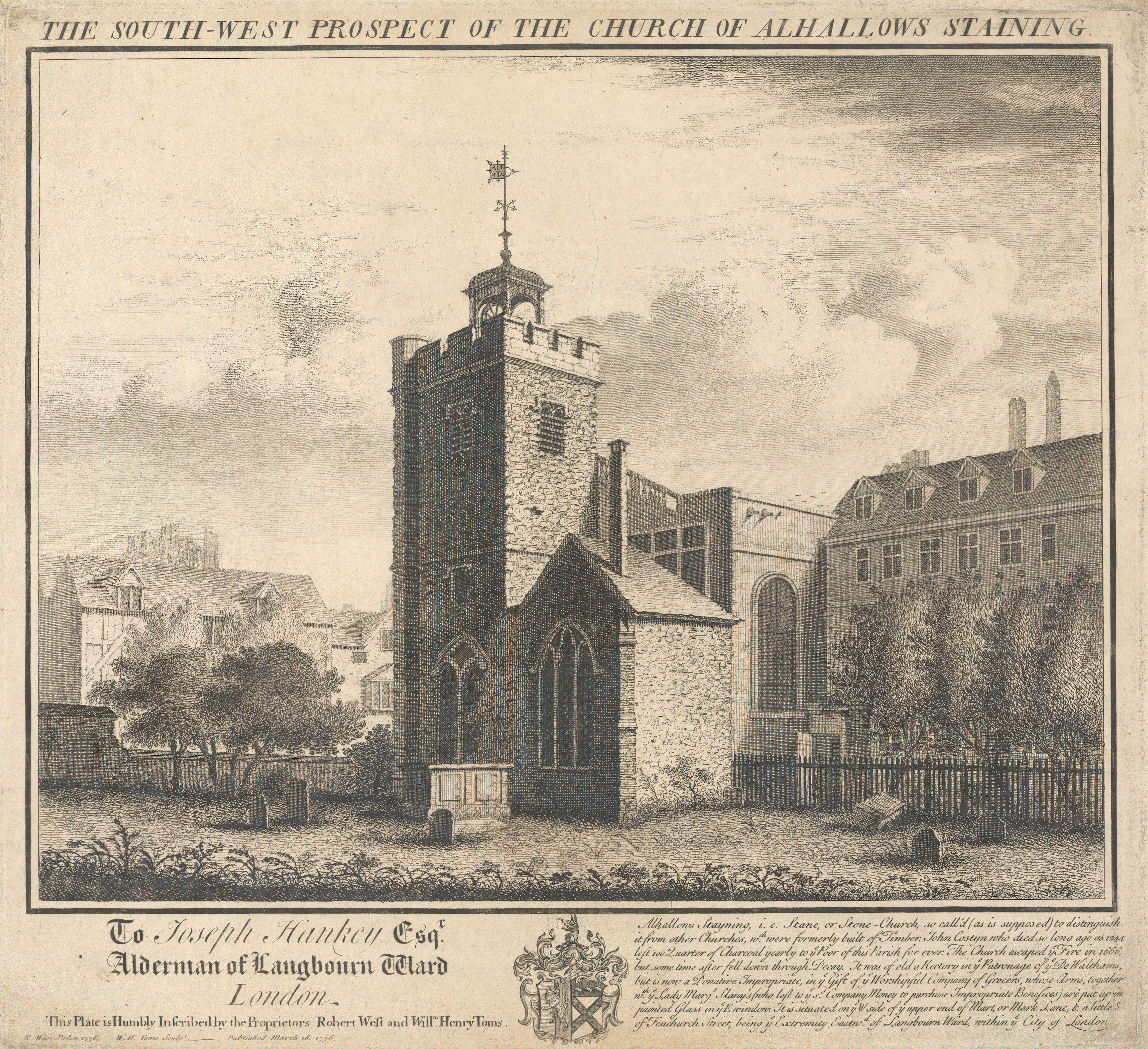 Engraving of the southwest prospect of the Church of All Hallows Staining with gravestones in the foreground and surrounding buildings.