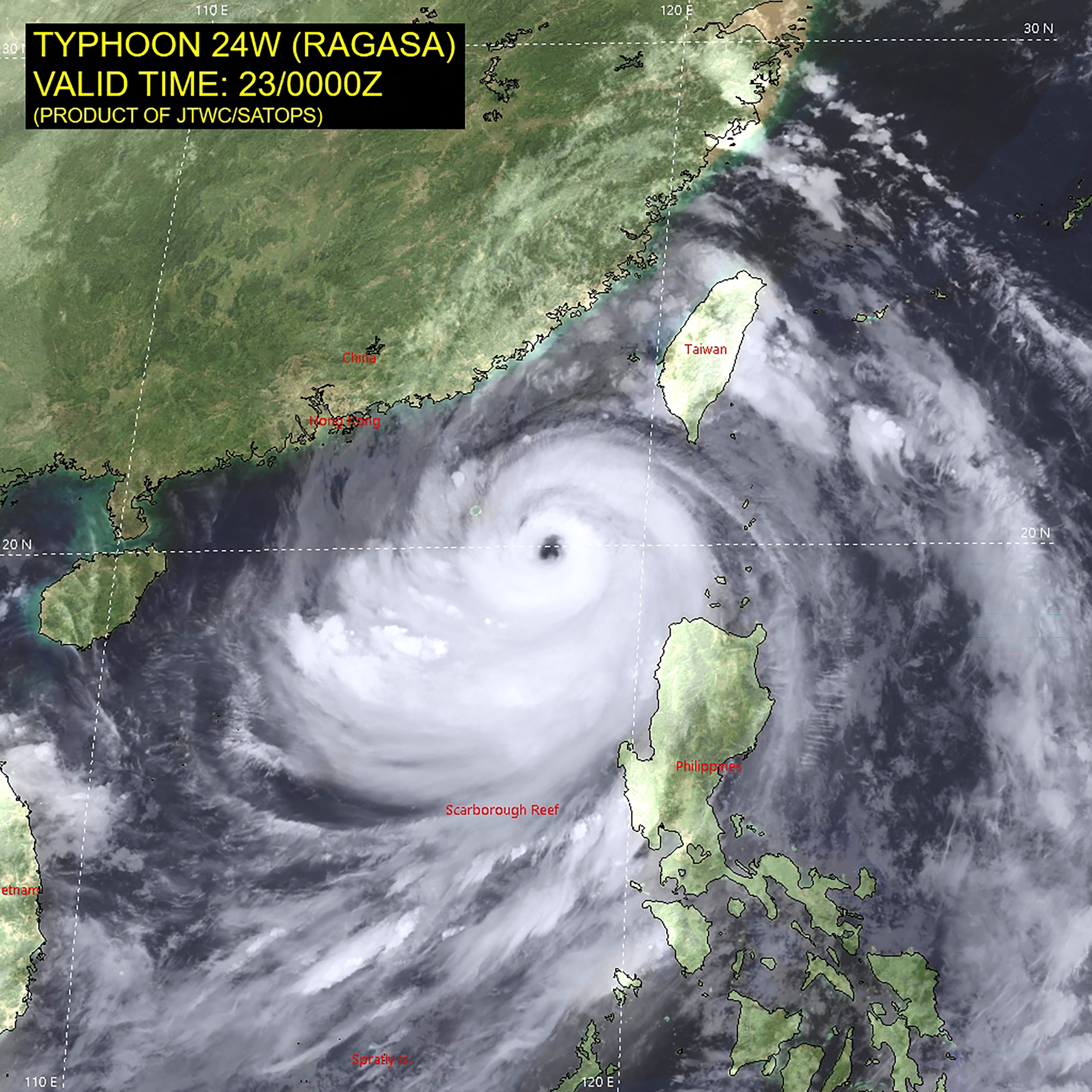 Infrared satellite image of Super Typhoon Ragasa nearing Hong Kong and mainland China.