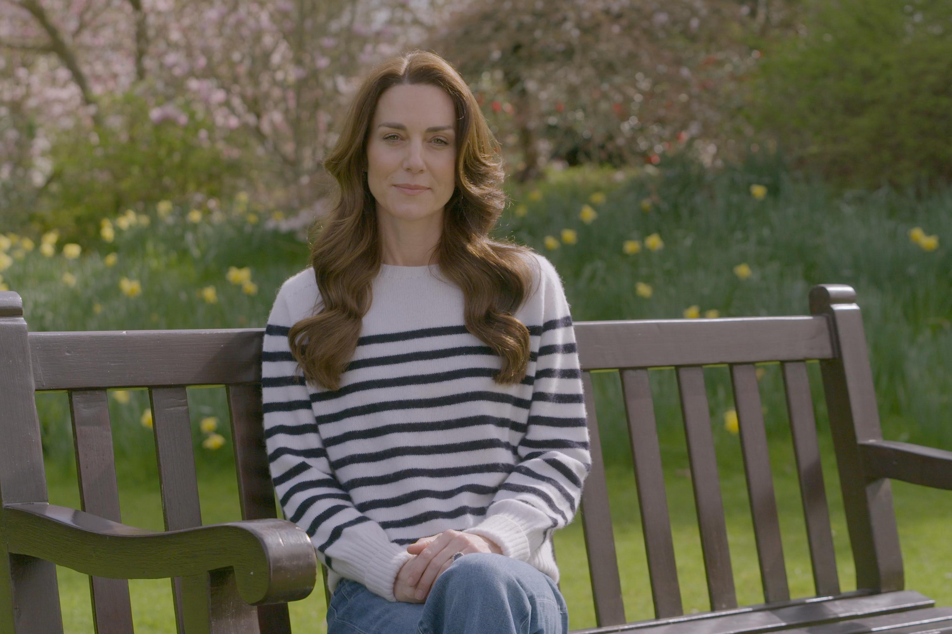 The Princess of Wales sitting on a bench, announcing her cancer diagnosis.