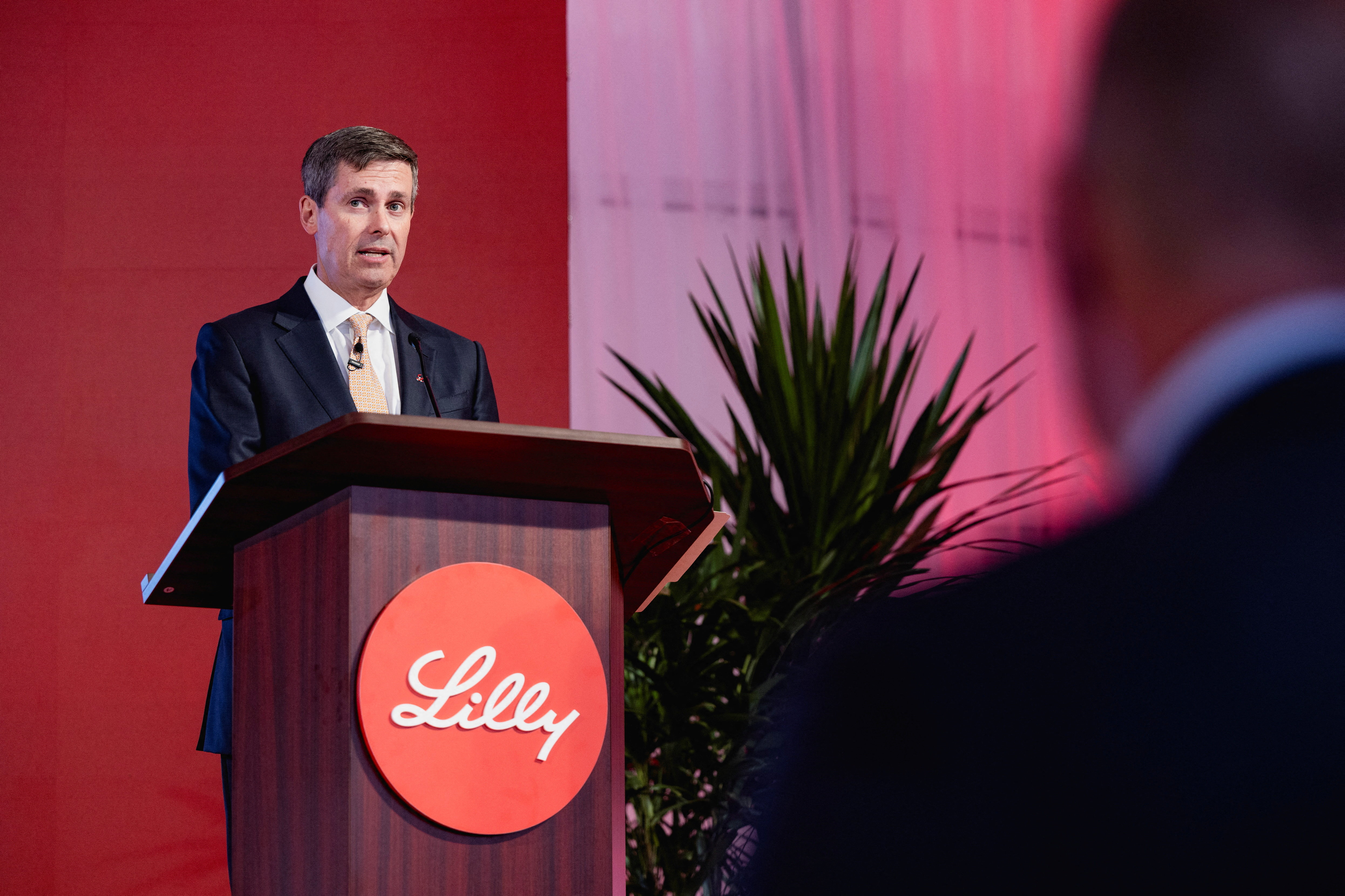Lilly CEO Dave Ricks speaks at a press conference.